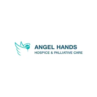Angel Hands Logo with a teal angel and blue lettering